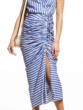Veronica Beard Blue and White Striped Ruched Midi Skirt with Side Slit